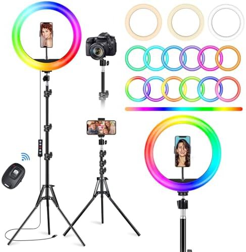 Ten inch RGB ring light with tall tripod