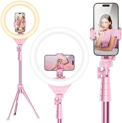 Pink twelve inch selfie ring light with tripod