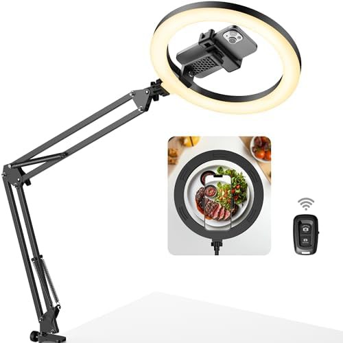 Overhead phone mount ring light with desk stand