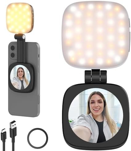 Magnetic folding selfie light with built-in mirror