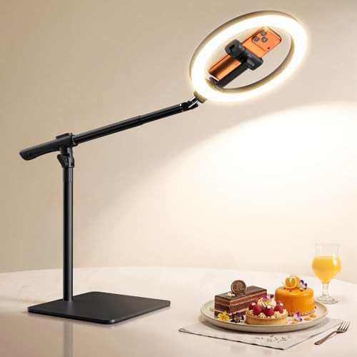 Overhead desk ring light with weighted base